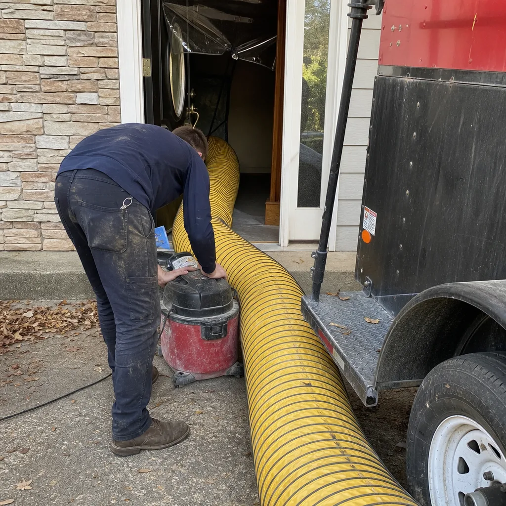 Technician using professional air duct cleaning equipment at a residence