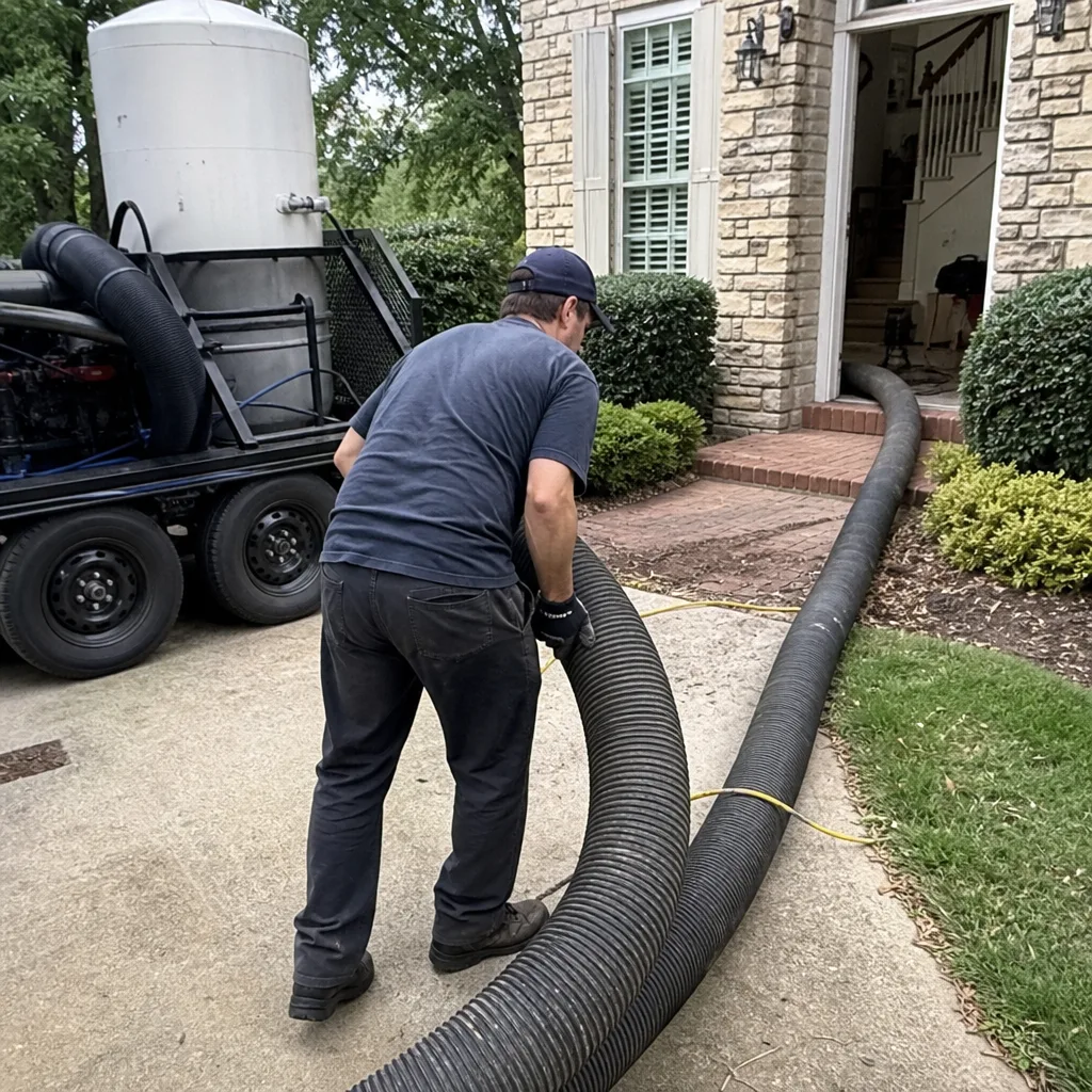 Technician using industrial air duct cleaning vacuum system at a home