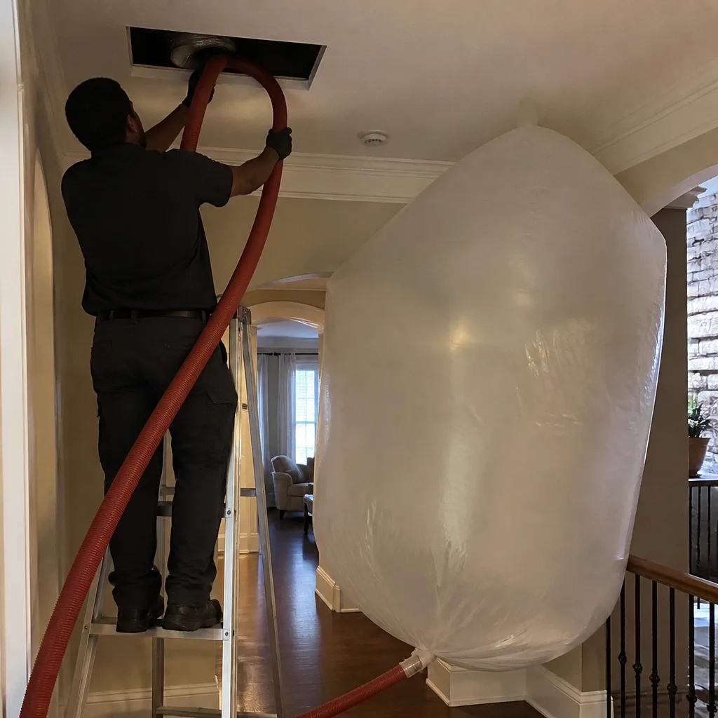 Technician performing professional residential air duct cleaning service using vacuum equipment