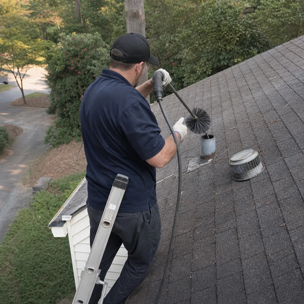 Technician performing professional dryer vent cleaning on a residential roof