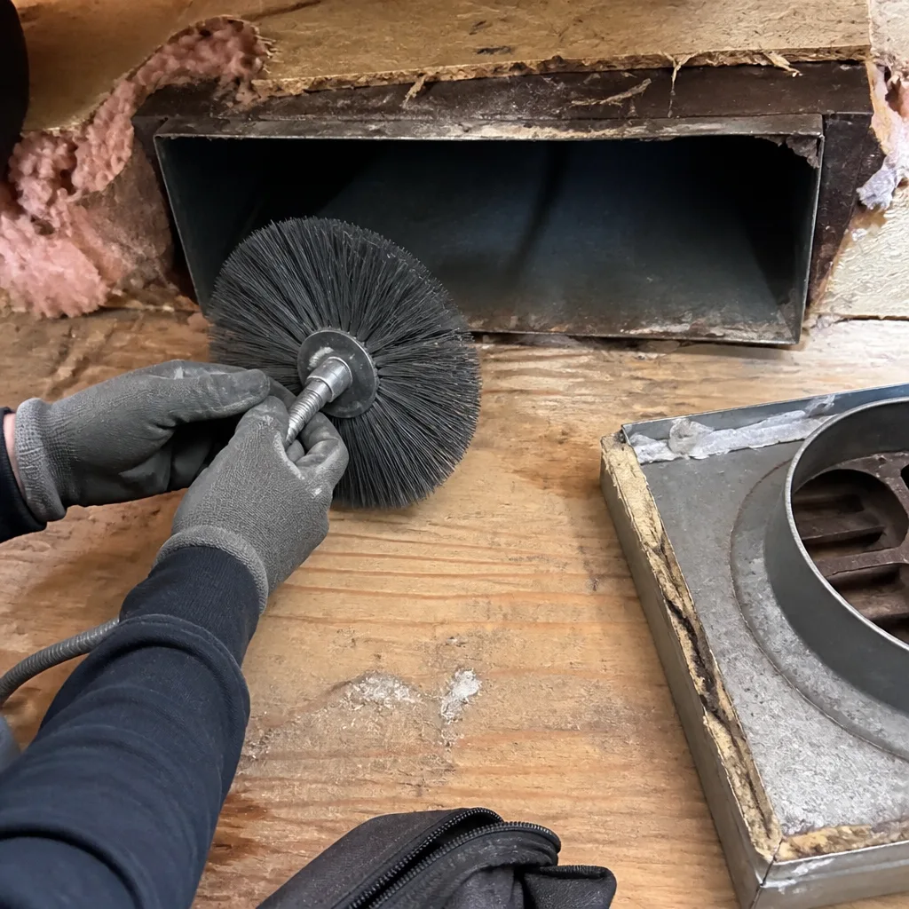 Technician using rotary brush tool for professional air duct cleaning service