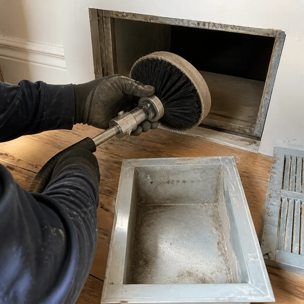 Technician using a rotary brush tool for professional air duct sealing