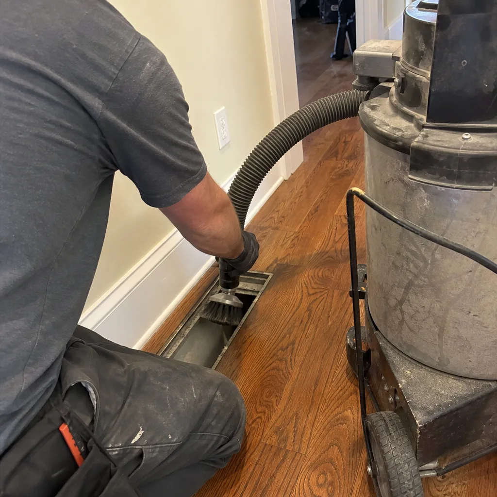 Technician performing professional air duct cleaning with industrial vacuum equipment